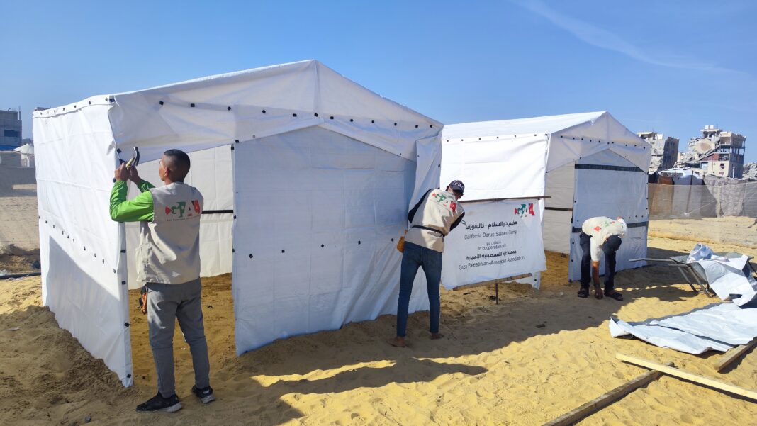 GPAA Darussalam Camp Tent Construction for Displaced Families in Gaza GPAA volunteers building tents at the California Darus Salam Camp shelter project for displaced families in Gaza