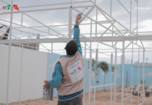 Empowering Al-Jamia Al-Abyad: A Model Community Energy Project in Gaza GPAA workers assembling steel framework for community energy station infrastructure in Gaza